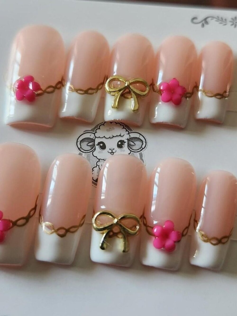 Pink, white & gold square French tip press-on nails  flowers. Size S.